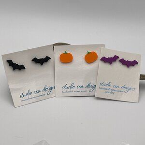 3 Pair of Pumpkin and Bats Sterling Silver Earrings-Halloween Earrings-New!